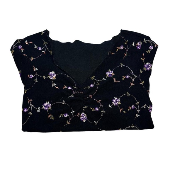 Black Sheer Bell Sleeve Top with Purple Embroidered Flowers - Picture 3 of 4